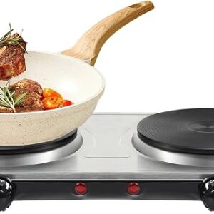 Uten Electric Hob, 2 Burners, Portable Heating Hob, 1000W + 1000W, Thermostat, 5 Adjustable Temperature Levels Suitable for Camping Kitchens
