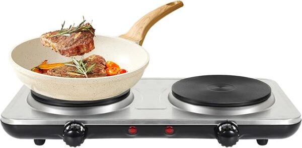 Uten Electric Hob, 2 Burners, Portable Heating Hob, 1000W + 1000W, Thermostat, 5 Adjustable Temperature Levels Suitable for Camping Kitchens