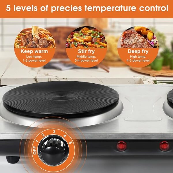 Uten Electric Hob, 2 Burners, Portable Heating Hob, 1000W + 1000W, Thermostat, 5 Adjustable Temperature Levels Suitable for Camping Kitchens - Image 6