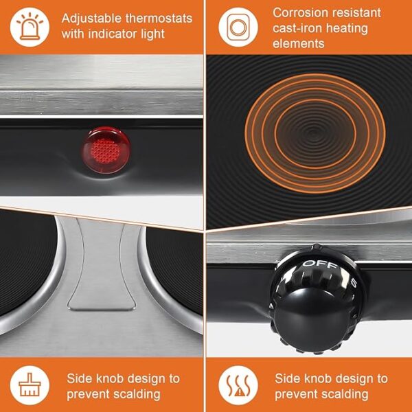 Uten Electric Hob, 2 Burners, Portable Heating Hob, 1000W + 1000W, Thermostat, 5 Adjustable Temperature Levels Suitable for Camping Kitchens - Image 5