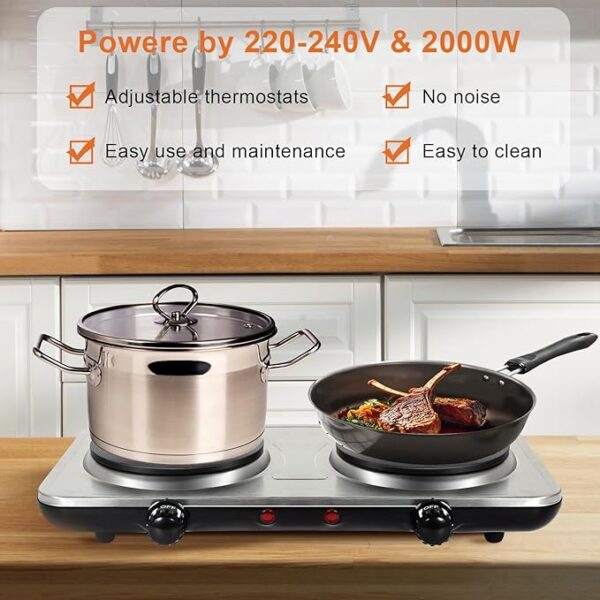 Uten Electric Hob, 2 Burners, Portable Heating Hob, 1000W + 1000W, Thermostat, 5 Adjustable Temperature Levels Suitable for Camping Kitchens - Image 4