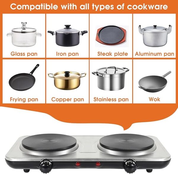 Uten Electric Hob, 2 Burners, Portable Heating Hob, 1000W + 1000W, Thermostat, 5 Adjustable Temperature Levels Suitable for Camping Kitchens - Image 3