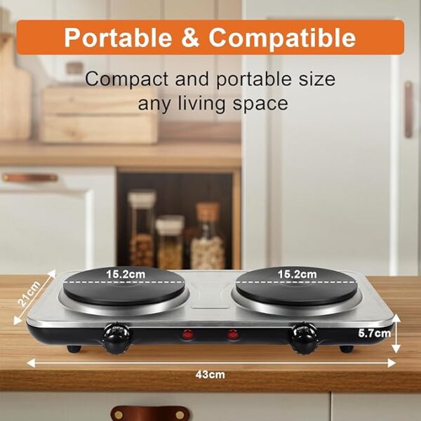 Uten Electric Hob, 2 Burners, Portable Heating Hob, 1000W + 1000W, Thermostat, 5 Adjustable Temperature Levels Suitable for Camping Kitchens - Image 2
