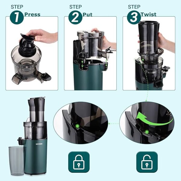 Electric Juicer Fruits Cold Press Squeezer Vegetable Processor Slow Masticating Juicer Machine 200W for Celery Carrot Slow Juicer Machine with Big Wide Chute and 800ml Juice Cup BPA-Free Easy to Clean - Image 4