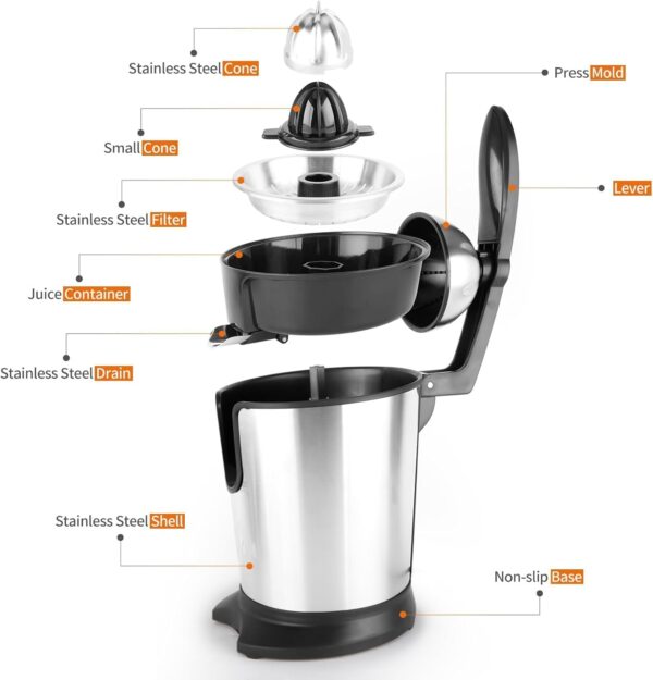 Electric Citrus Juicer, 350W 15000rpm Auto Off Dishwasher Stainless Steel Orange Juicer Ultra Powerful Motor Soft Handle Citrus Squeezer for Oranges, Lemons - Image 2